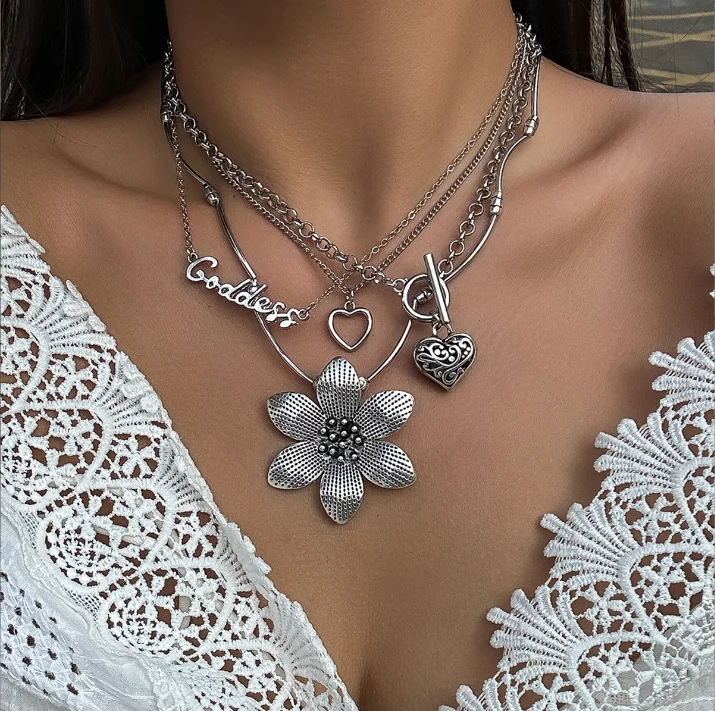 

Bohemia silver Color Multi layer handmade heart Love shape Letter big Flower Necklace For Women Jewelry Set Gifts