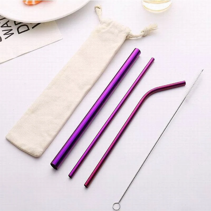 

Portable Cocktail Printing Eco Drinking Metal Straw Set Pouch Bag Cleaning Brush Straws With Logo, Customized color