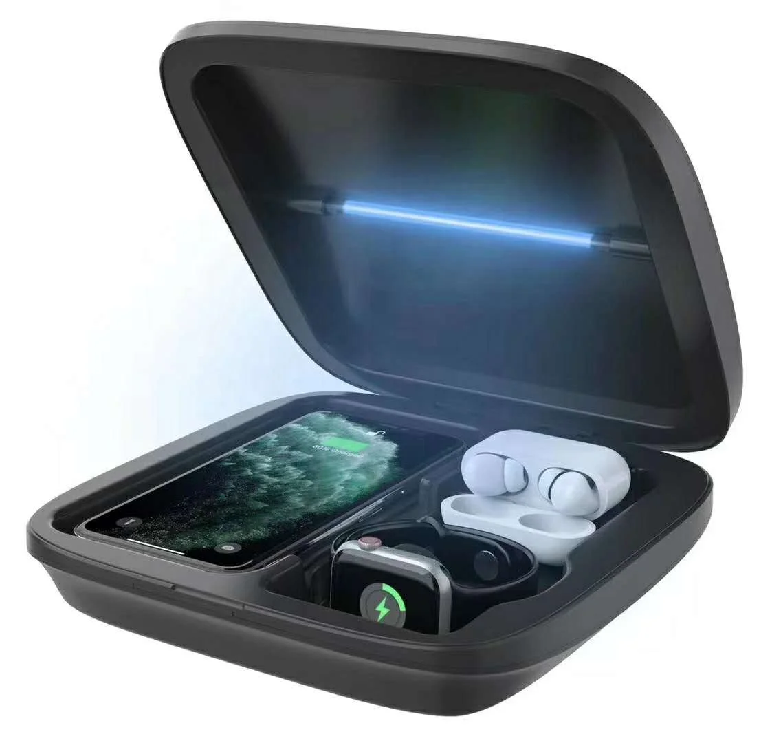 

4 in 1 smart portable Qi phone holder watch fast wireless charging station pad dock 10w wireless charger with uvc light box