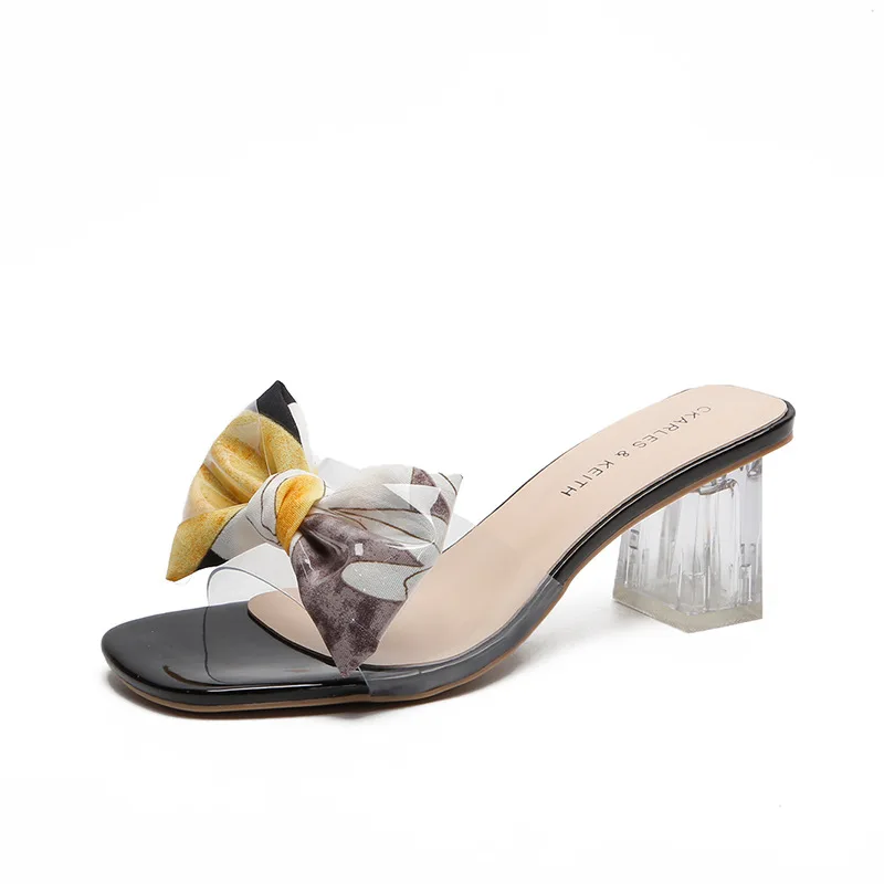 

Crystal with bow-tie with chunky slippers for women wearing 2021 Summer high heels, Shown