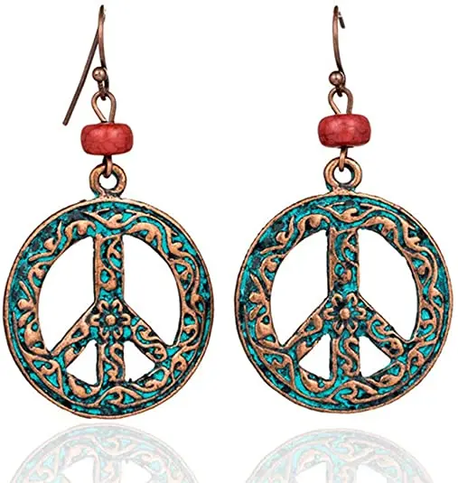 

Antique Vintage Bronze Round Peace Sign Symbol Hook Earring Carving Filigree Flower Drop Earring for Women, Picture shows