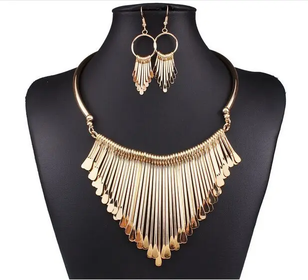 

Bohemia Statement Jewelry Set of 3-Piece Boho Tassel Necklace Set w/ Dangle Earrings for Women African Luxury Bridal Jewelry, Picture