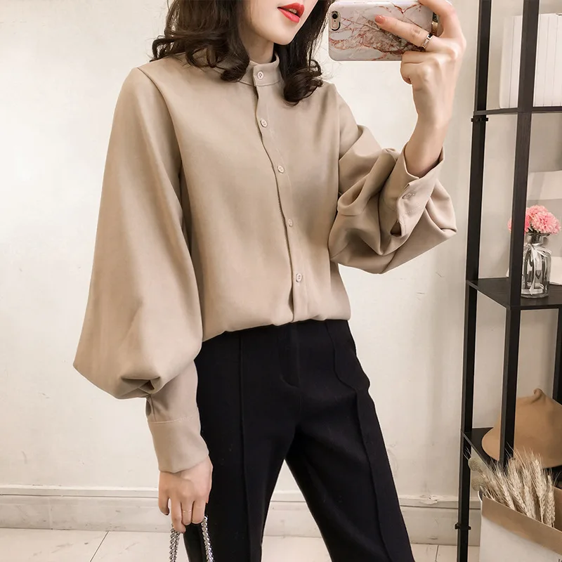 

Wholesale NEW Arrival Women Korean Stand Collar Button Shirts Long Puff Sleeve Solid Color Loose Plus Size Casual Shirt Blouse