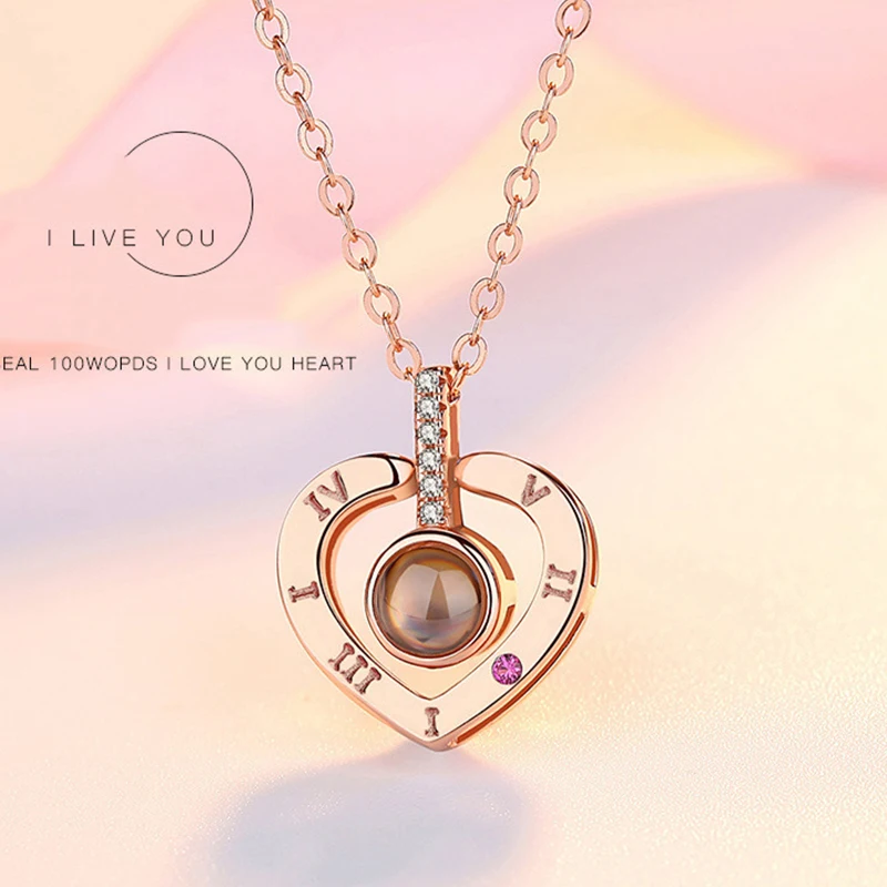 

Rose Gold 100 Languages I Love You Women Jewelry Love Memory Wedding Necklace Valentine Day Projection Pendant Necklace
