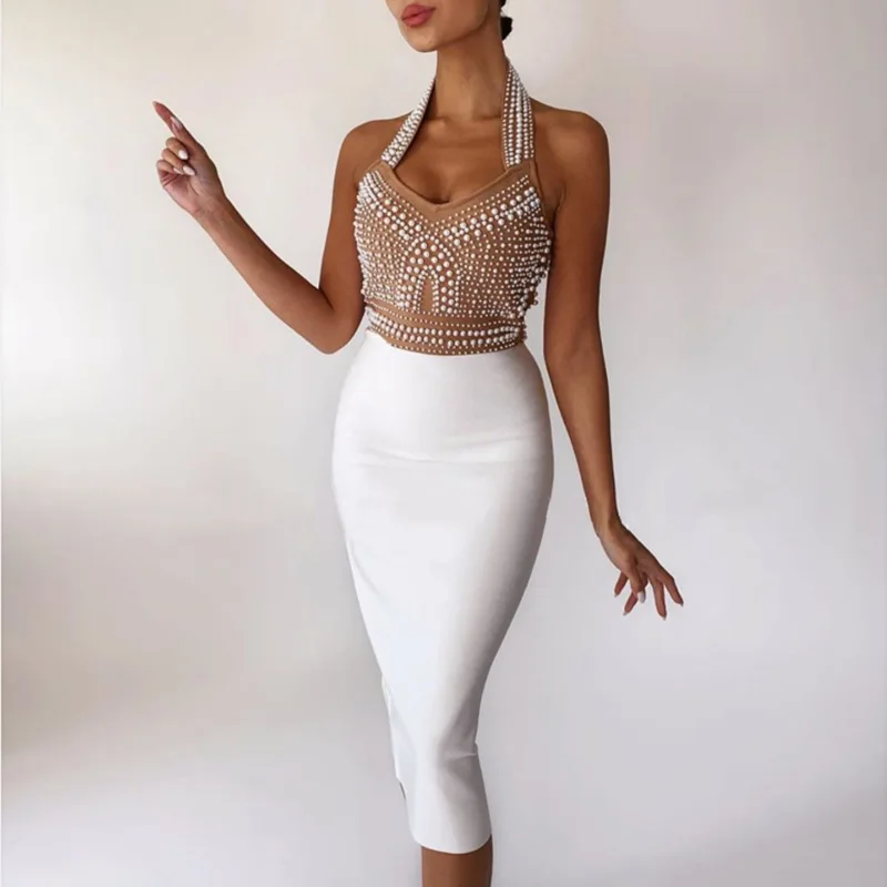 

Women Elegent white Pearl ladies Wear sleeveless sling lace up dress tight slim Bodycon Party Bandage Dresses, Customized color