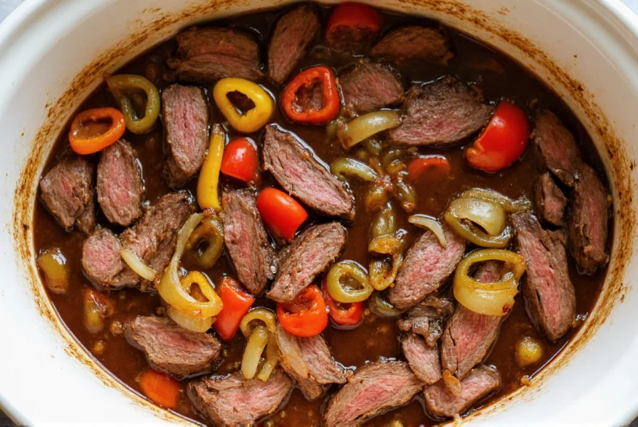 Slow cooker filled with sliced flank steak, bell peppers, and onions in rich brown sauce