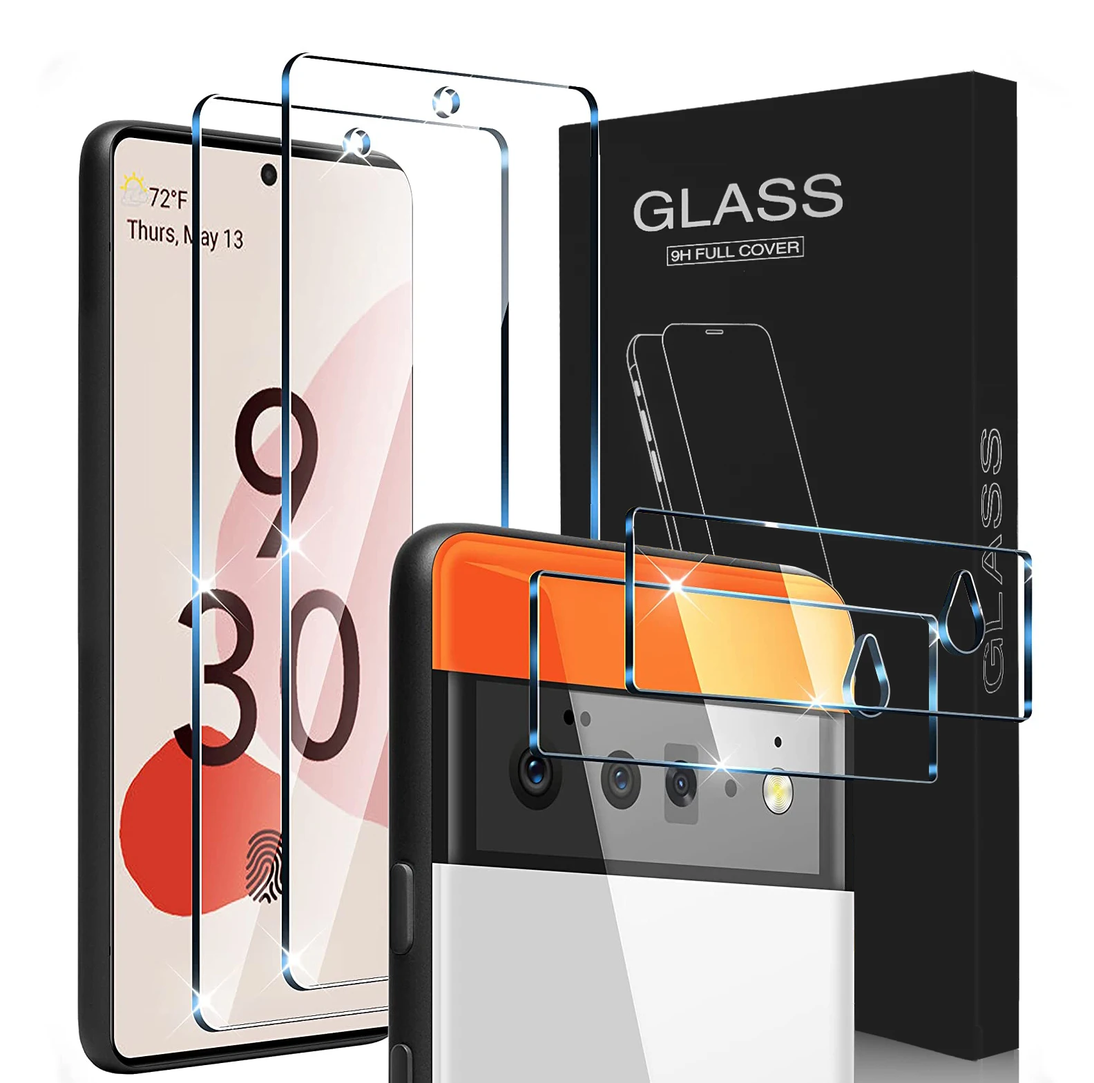 

2 Pack 2.5d 9H Hardness Clear Tempered Glass Screen Protector with 2 Camera Lens Protector for Google Pixel 6, Transparent