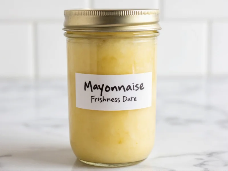 Homemade mayonnaise stored in mason jar with freshness date label