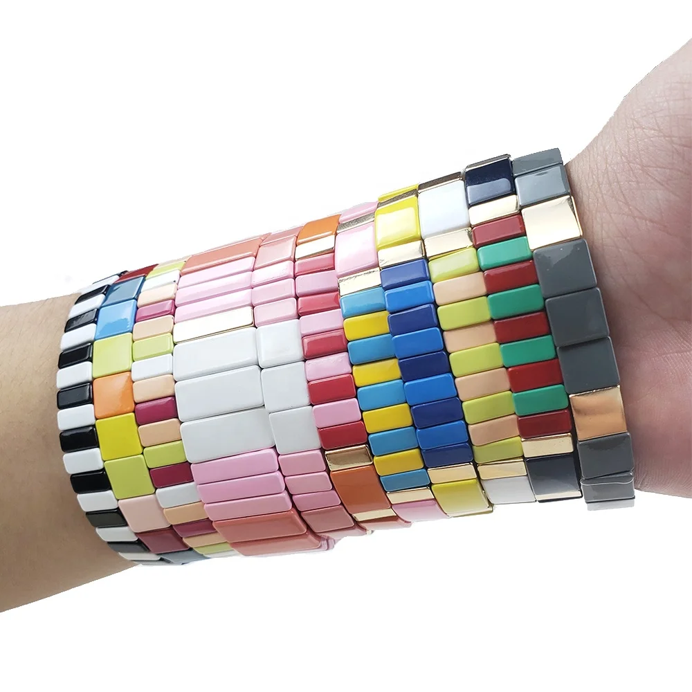 Factory Directly Wholesale Custom Logo Rainbow Enamel Stretch Bead Bracelet Tile Rainbow Stackable Bracelet For Women