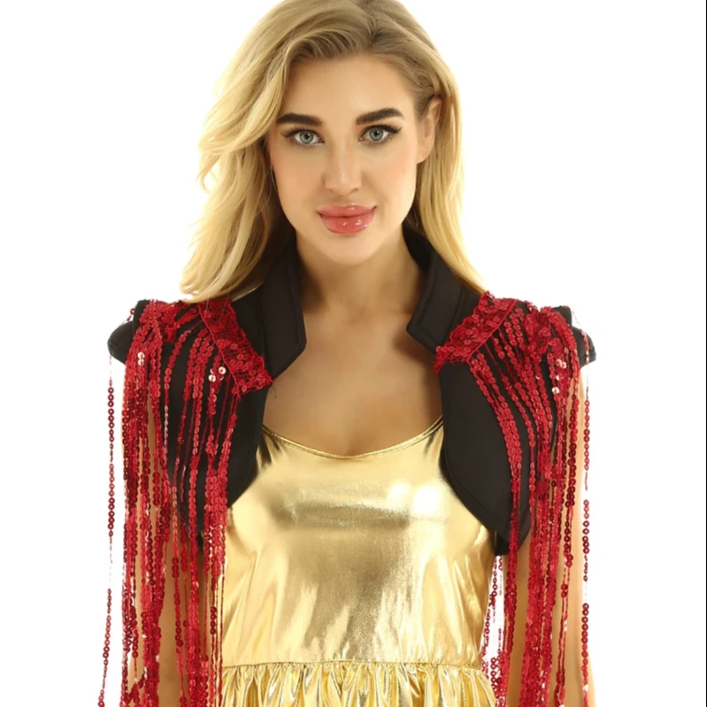 

iEFiEL Women Hip-hop Jazz Dance Costume Open Front Sparkle Sequin Tassels Cropped Vest Waistcoat Dance Stage Performance