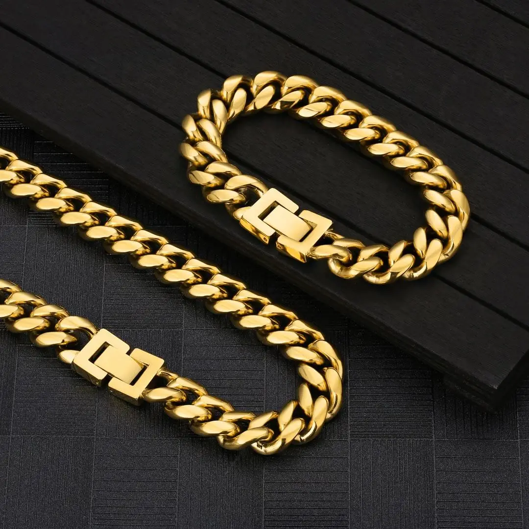 

KRKC 8mm 18k Gold Plated Men Streetwear Jewelry Titanium Stainless Steel Miami Curb Chain Bracelet Set Cuban Link Chain Necklace