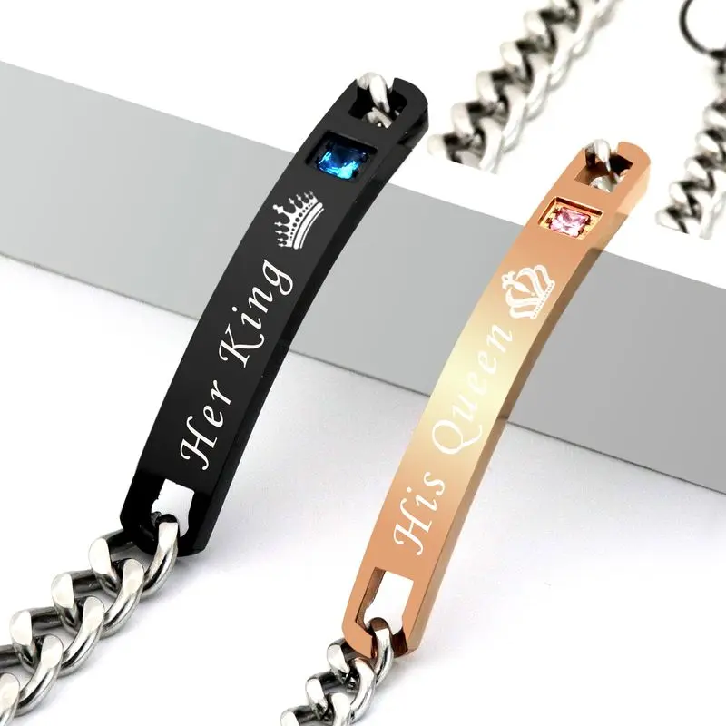 His Queen Her King Black Rose Gold Color Women's Male Chain Crystal Couple Bracelet for Men Femmo on Hands Jewelry