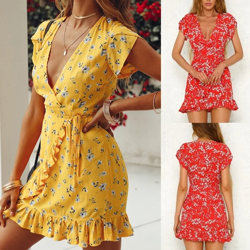 

Amazon's best seller high quality women summer floral dress short sleeve elegant sexy flower dress v-neck ruffle floral skirt