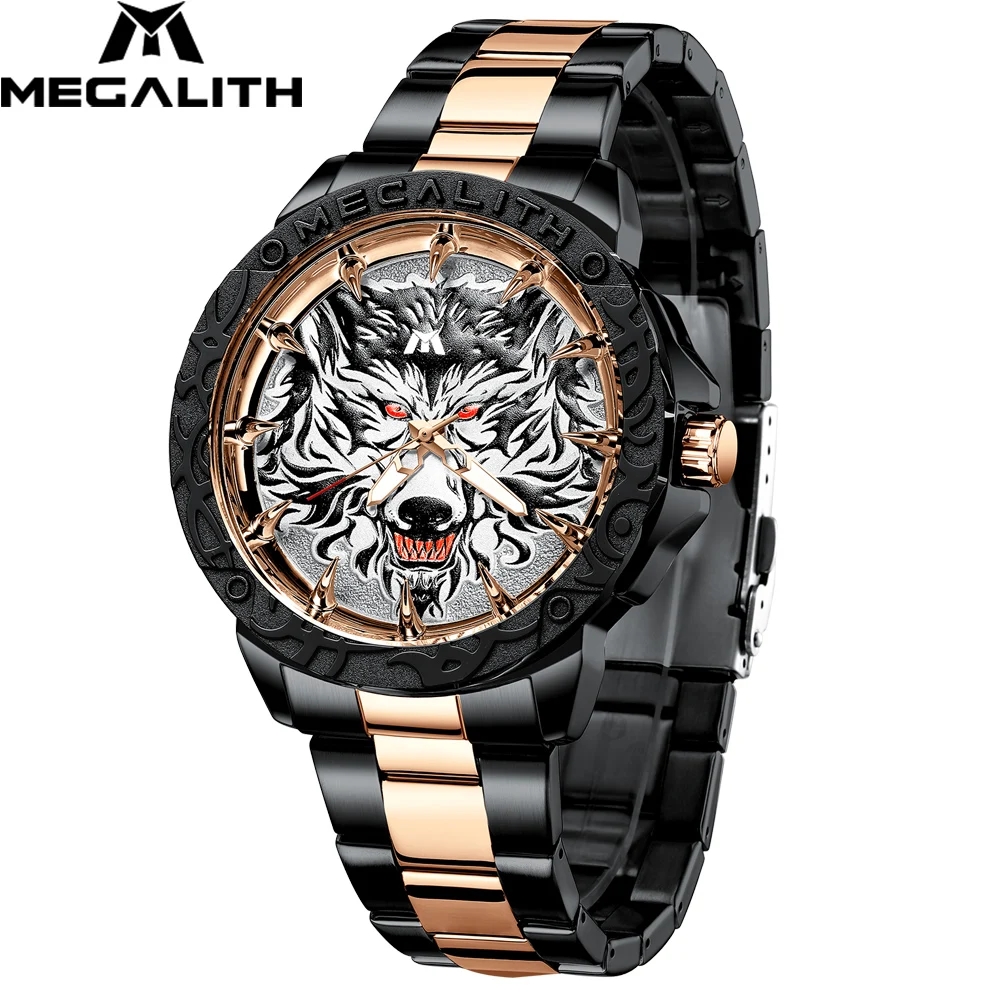 

MEGALITH Custom design Luxury Brand Waterproof Calendar Stainless Steel Watch Male Waterproof Wolf wristwatches for man