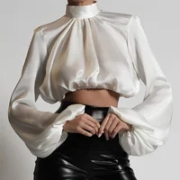 

2020 Women Casual Simple Loose Blouses Designs High Neck Long Puff Sleeve Crop Top