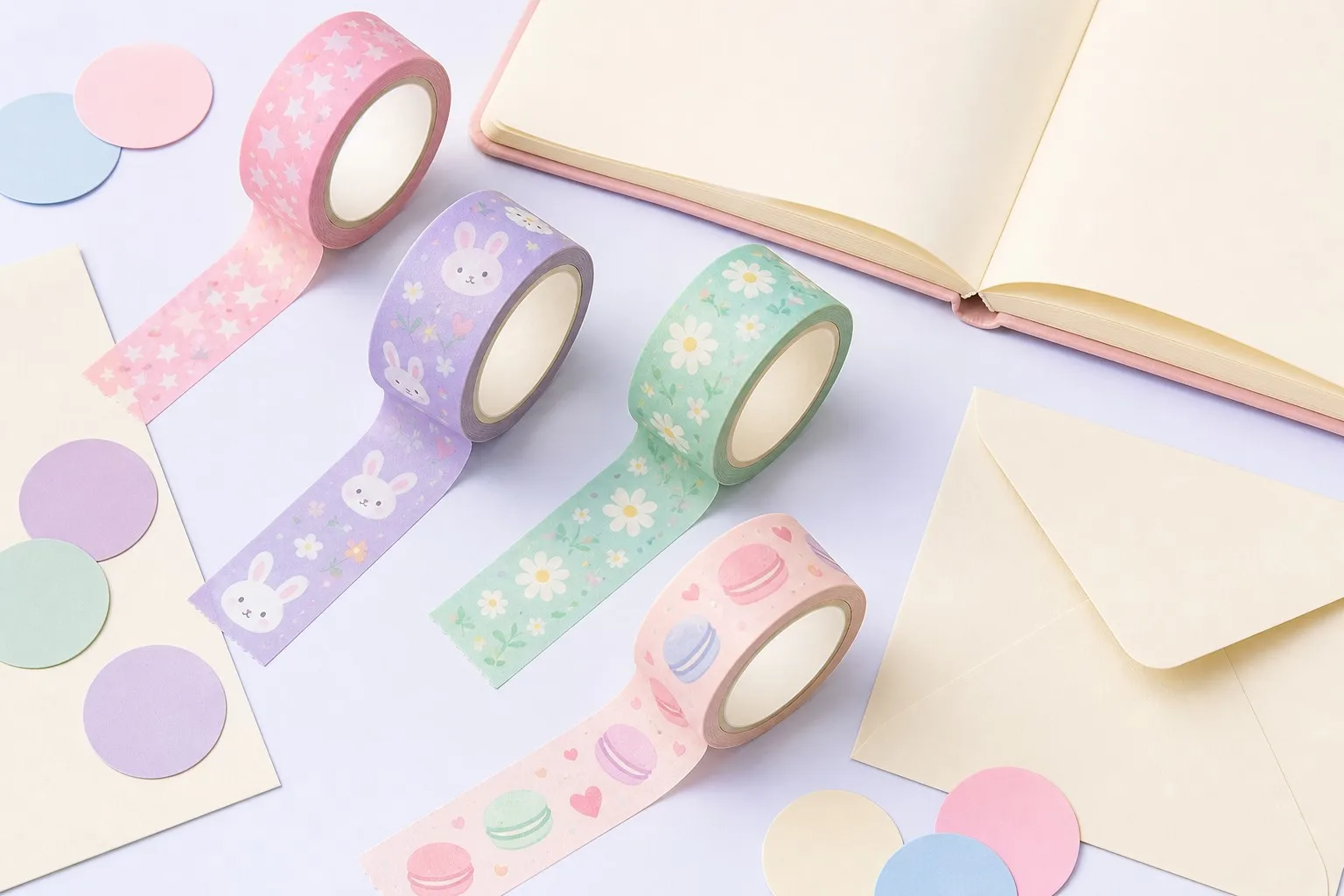 Washi tape stationery flatlay with journal and stickers
