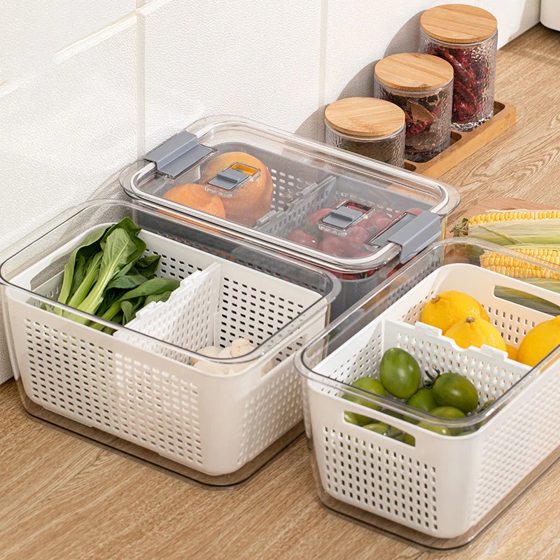 

Food Drain Basket Storage Box Set Fresh-Keeping Containers Refrigerator Fruit Vegetable Crisper With Lid Kitchen Accessories, White/grey/brown