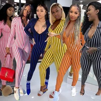 

Sexy V Neck Striped Sports Romper Women Zipper Onesie, Adult Women Tight Pajama Onesie Jumpsuit