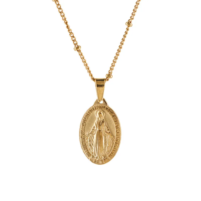 

Religious Jewelry 18k Gold Plated Stainless Steel Oval Pendant Necklace Stainless Steel Blessed Virgin Mary Medallion Necklace