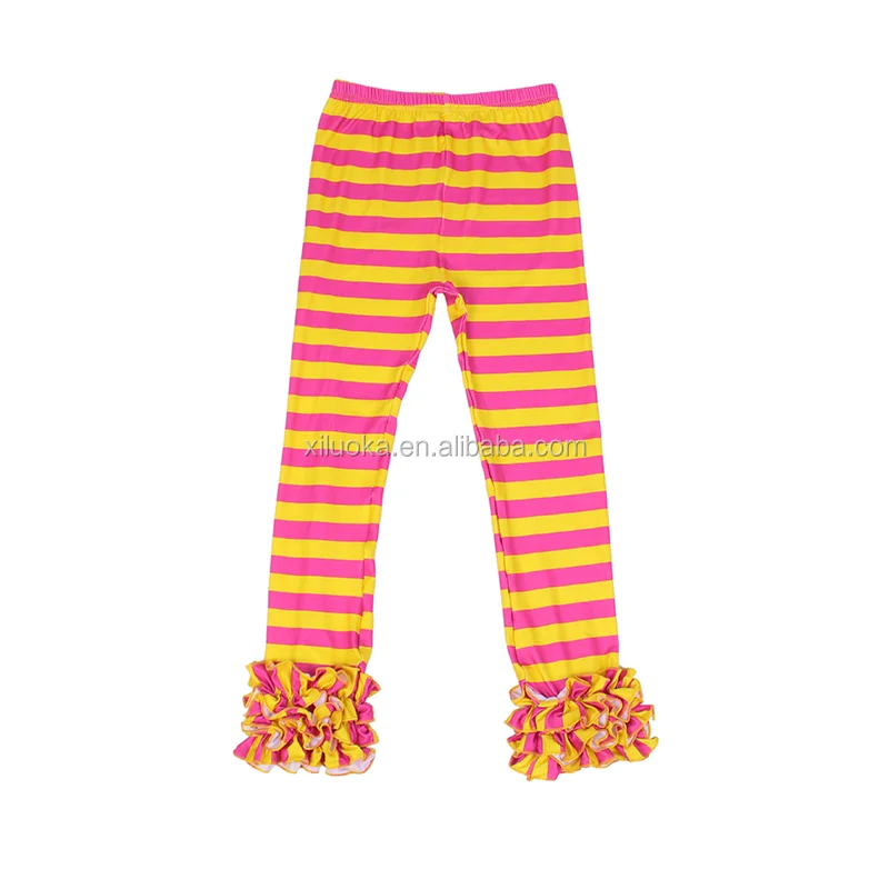 

Yellow And Pink Strip Knit Milk Silk Ruffle Icing Leggings Fall Winter Children Girls Ruffle Icing Pants, Picture