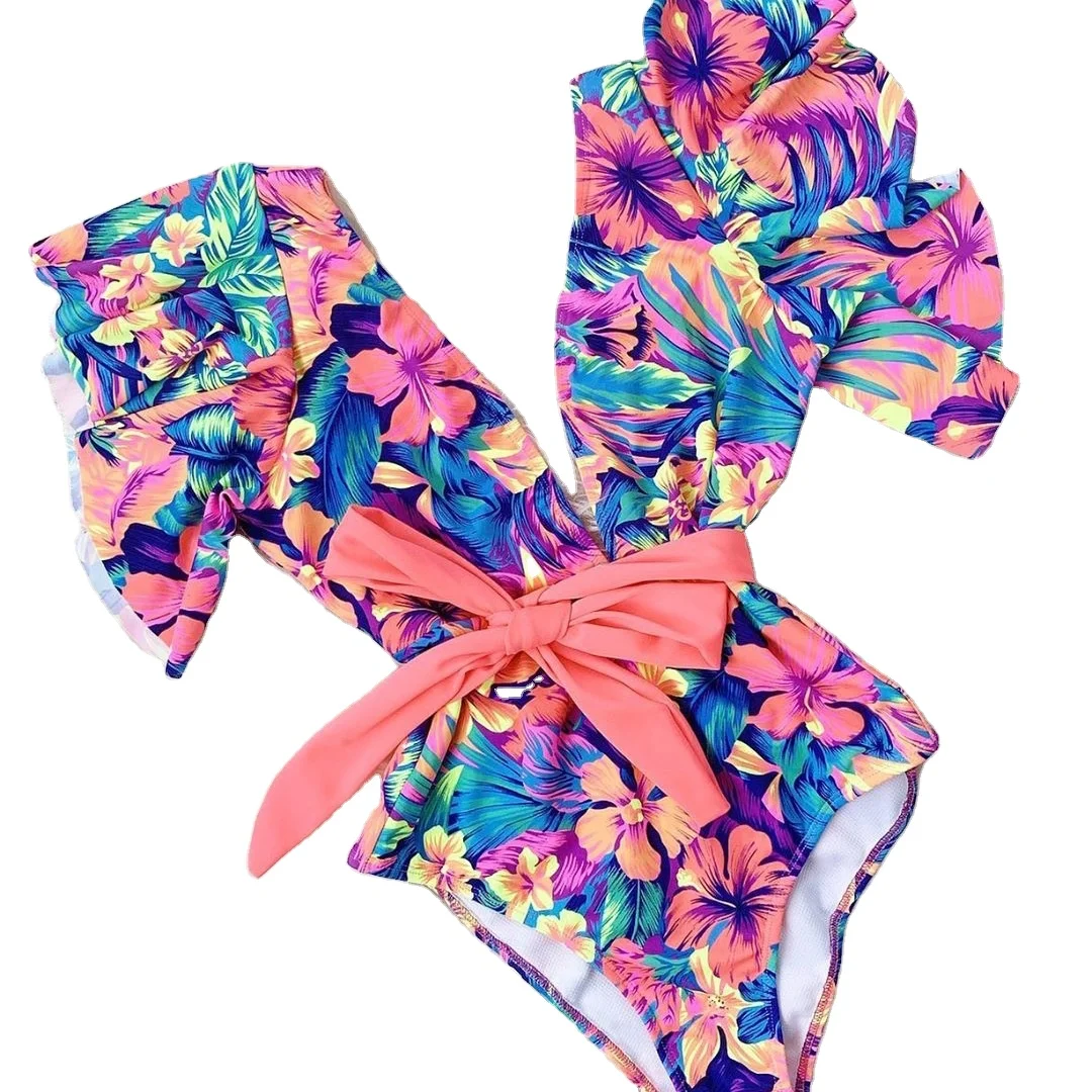 

2021 Sexy Ruffle-Strap One Piece Girl Swimwear Women Deep-V Bathing Suits Bandage Beach Wear Swim Suit biquini, Picture showed