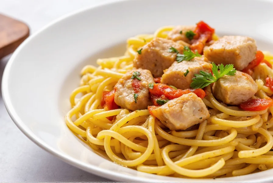 Finished chicken pepper pasta served in white bowl with fresh parsley garnish, showing perfect texture of al dente pasta and seared chicken pieces