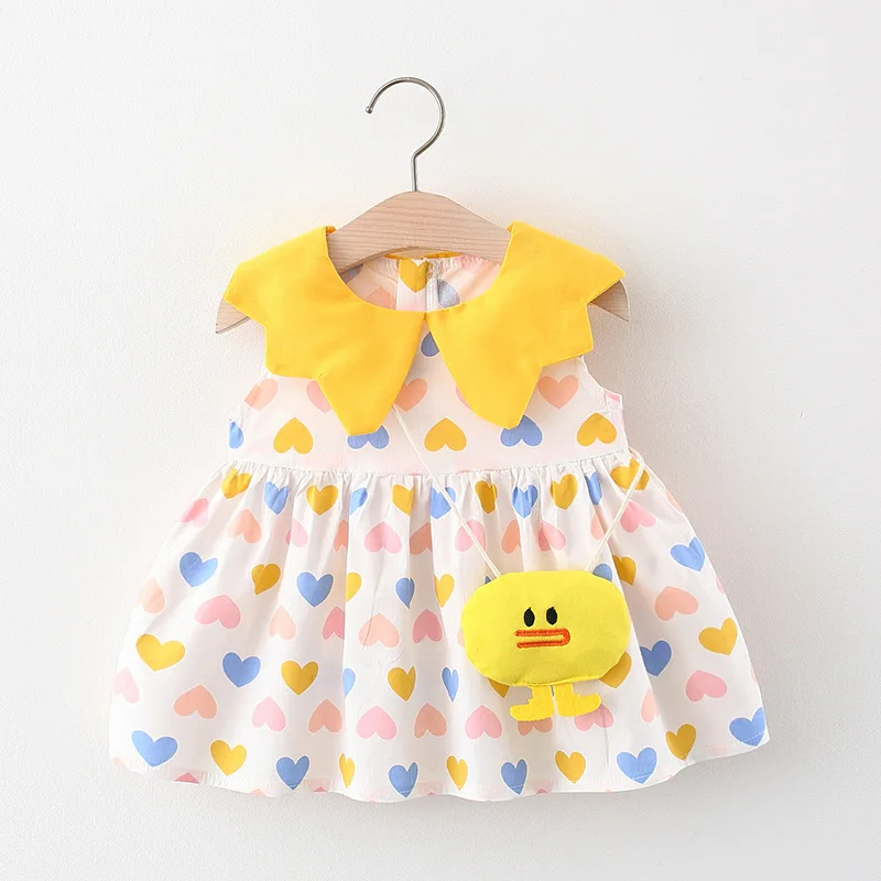 

Girls Dresses Summer Children's Wear New Doll Collar Color Love Print Cartoon Duckling Sling Skirt Kids Dresses for Girls 0-18M
