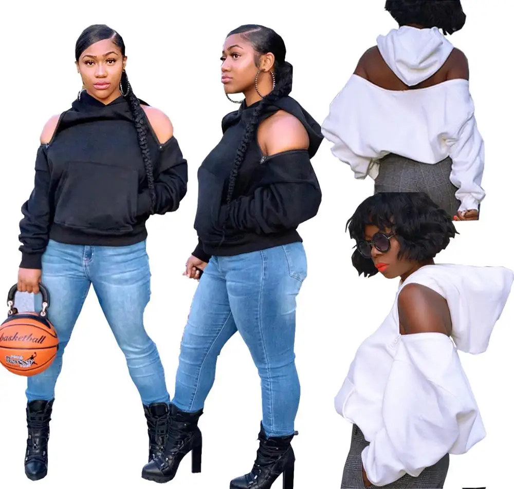 Womens Fashion Hoodie Top Off Shoulder Sexy Casual Cold Shoulder Female Hooded Tops White Black Ladies Long Sleeve Sweat RS00232