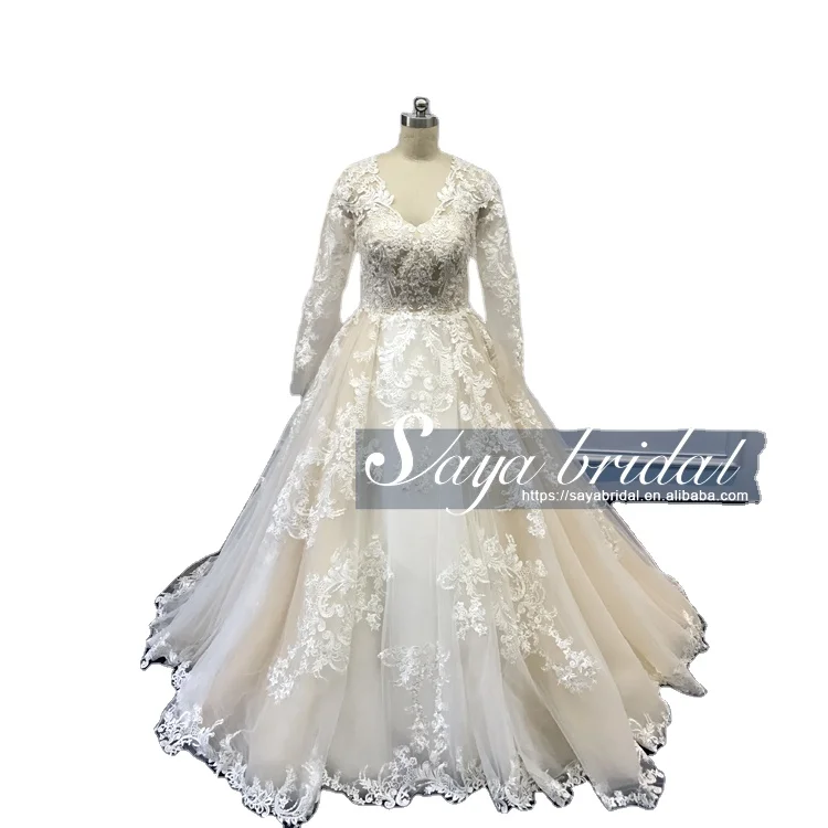 

Long sleeves deep V luxury sexy wedding dress bridal gown, Ivory