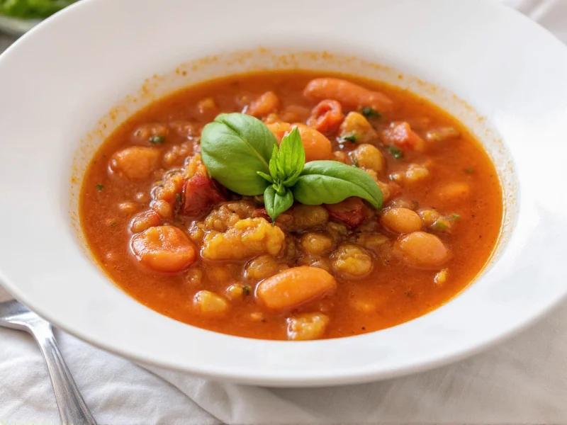 Homemade minestrone soup in white bowl with basil garnish