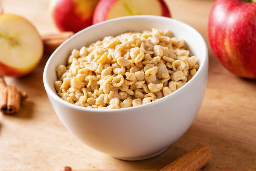 Apple cinnamon cereal served with almond milk, fresh apple slices, and cinnamon sprinkle