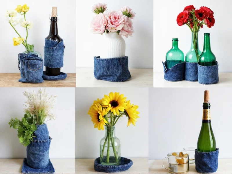 Collage of upcycled bottle vases and denim coasters