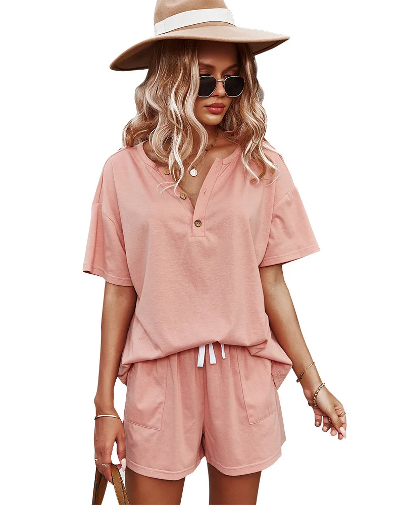

2021 Amazon sales high score high quality solid color summer Short-sleeved shorts sexy Casual suit loose women two-piece suit
