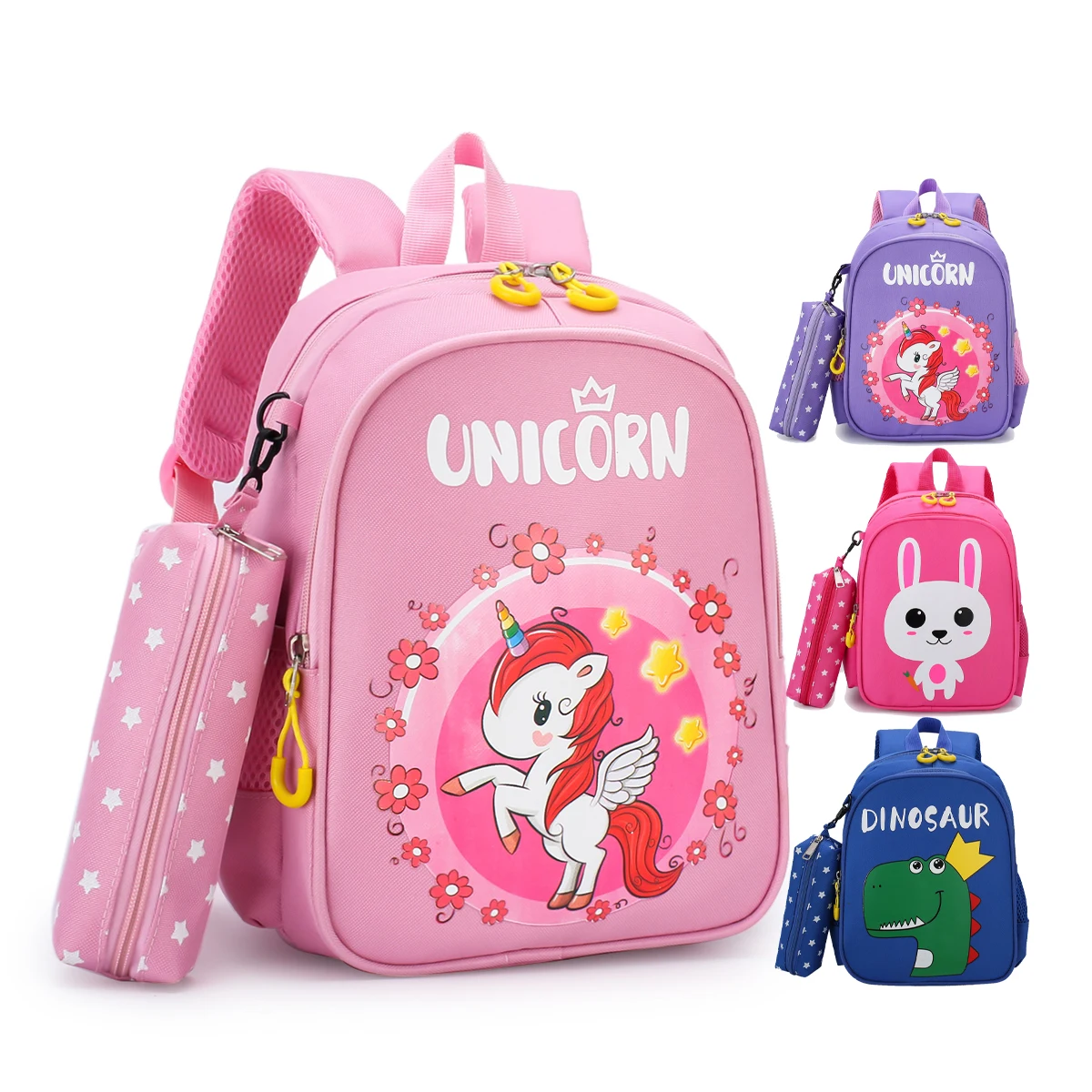 

2021 new cute design rabbit unicorn dinosaur print kids school bags backpack set for kindergarten boy and girl kids children, Blue, light blue, pink, rose red