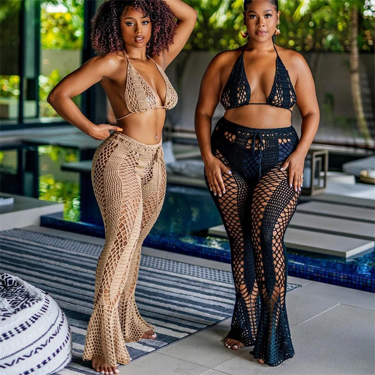 

Hot Ladies Knitted Outfits Sexy See Through Flare Pants Club Plus Size Summer Womens 2 Piece Sets