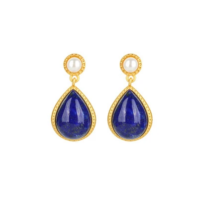 

Aimgal Jewelry-Hot sale S925 sterling silver gold plated inlaid lapis lapis water drop fresh water pearl simple earrings female