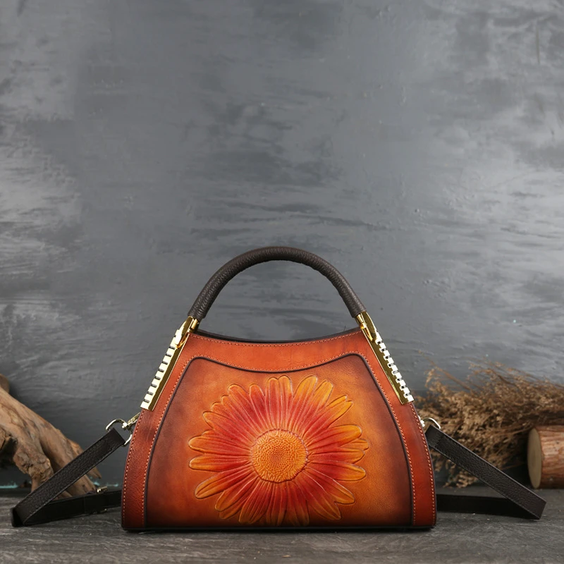 

2020 New Design Sunflower Pattern Women Bag Genuine Leather Tote Handbags Vintage Style Shoulder Bag
