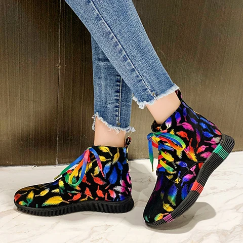 

Mixed Special Fabric Fashion Women Sneakers Lace up Round Toe Sports Shoes Flat Breathable Walking Shoes For Ladies, Black flower,feather,graffiti