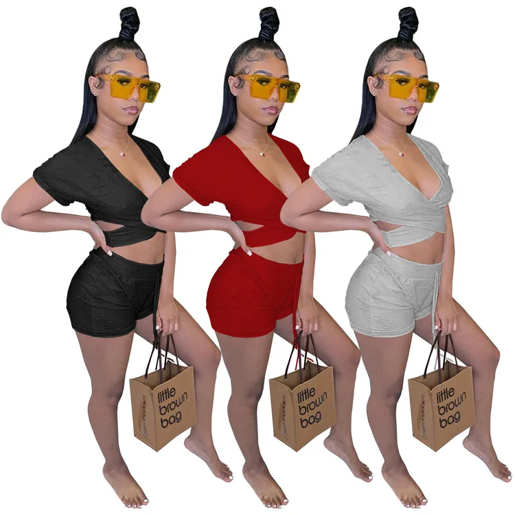 

Ladies Sexy Ripped 2 Piece Outfits Shorts Summer Women Plus Size Two Piece Set, Picture shown