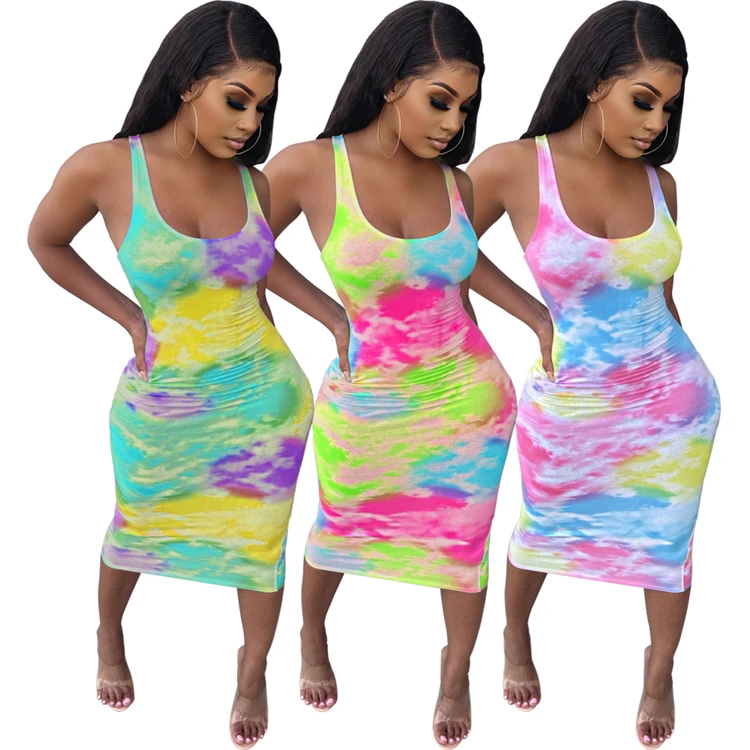 

New Arrival Casual Ladies Midi Dresses Sleeveless Tight Summer Plus Size Women Tie Dye Bodycon Dress