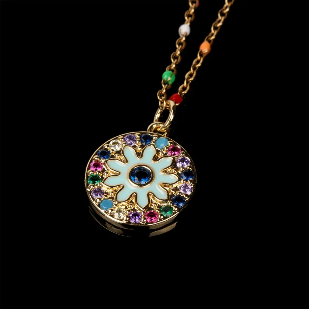 

Amazon Hot Sale Gold Plated Micro Paved Crystal Necklace Enamel Titanium Steel Disc Hand Evil Eyes Pendant Necklace