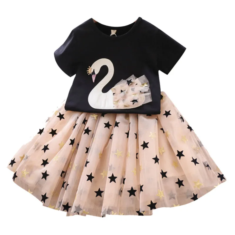 

baby dresses two pieces/ Swan net gauze skirt/ Baby Girl Dress Infant Cartoon Swan Short sleeve top Princess Skirt