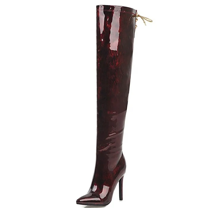

Sexy Wine Red High Heel Thigh High Women Boots Lace up Over The Knee High Winter Women Stiletto Shoes Super Long Boots, Gold black winered