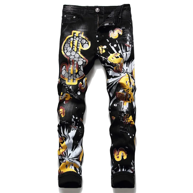 

Fashion Streetwear Denim Pants Embroidery Ripped Skinny Black Jeans Men