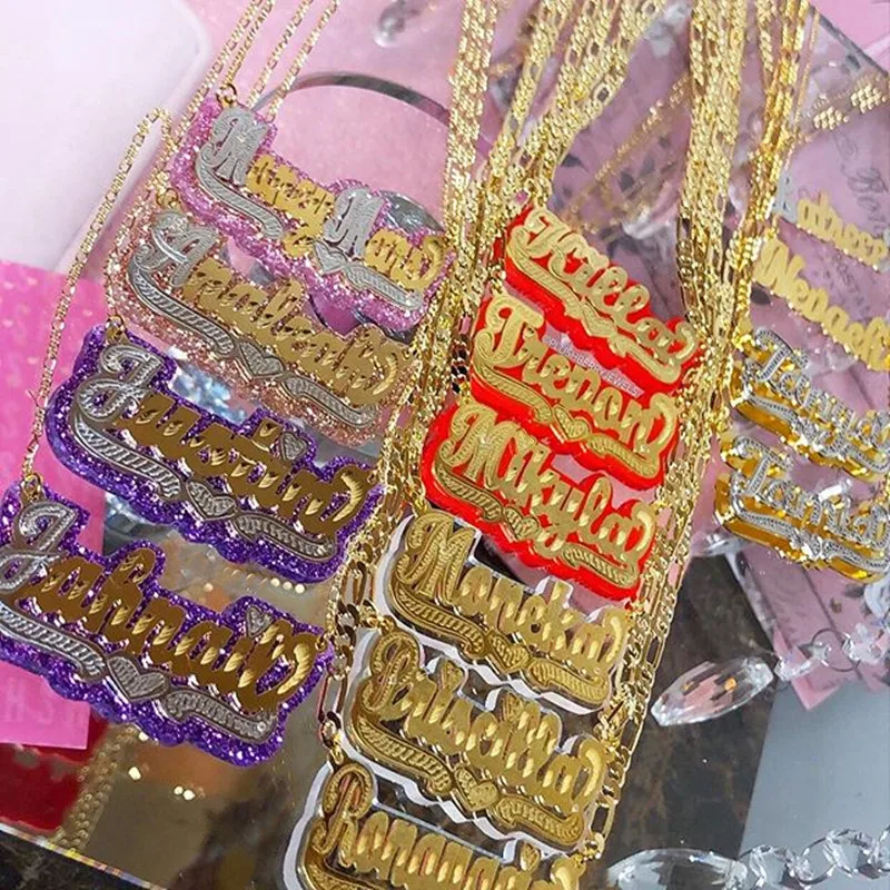 

2021 New Double Plated Vintage Name Necklace Custom Acrylic Pendant Necklace