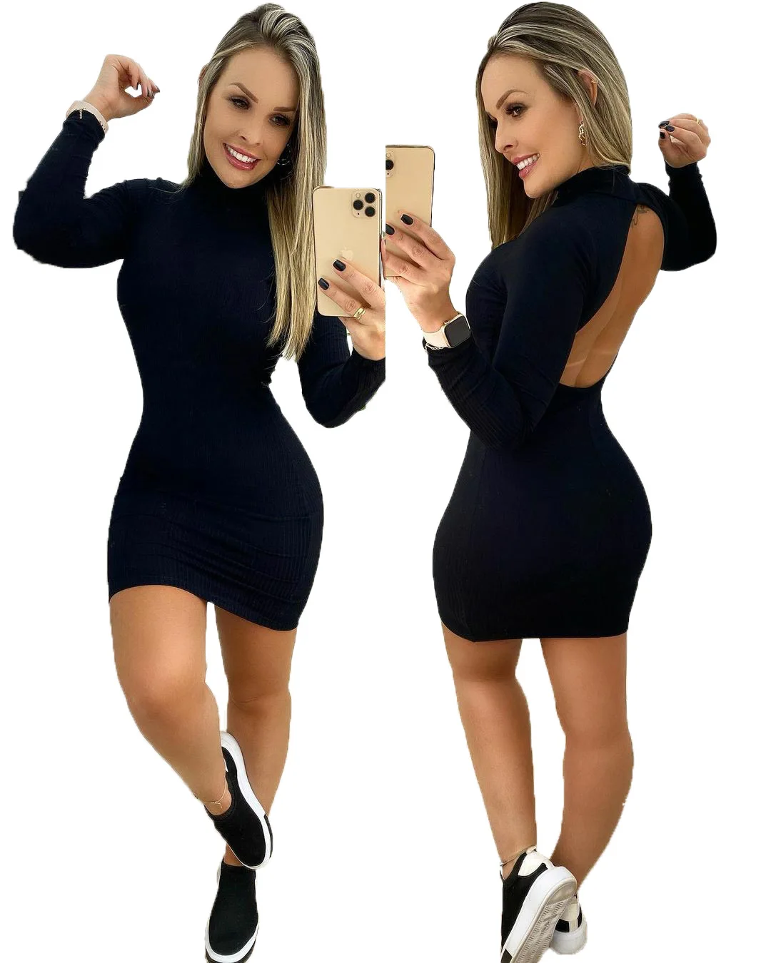 

Fashion Dress Women Back Hollow Out Solid Skinny Elastic High Waist Long Sleeve Mini Dresses High Street, Picture