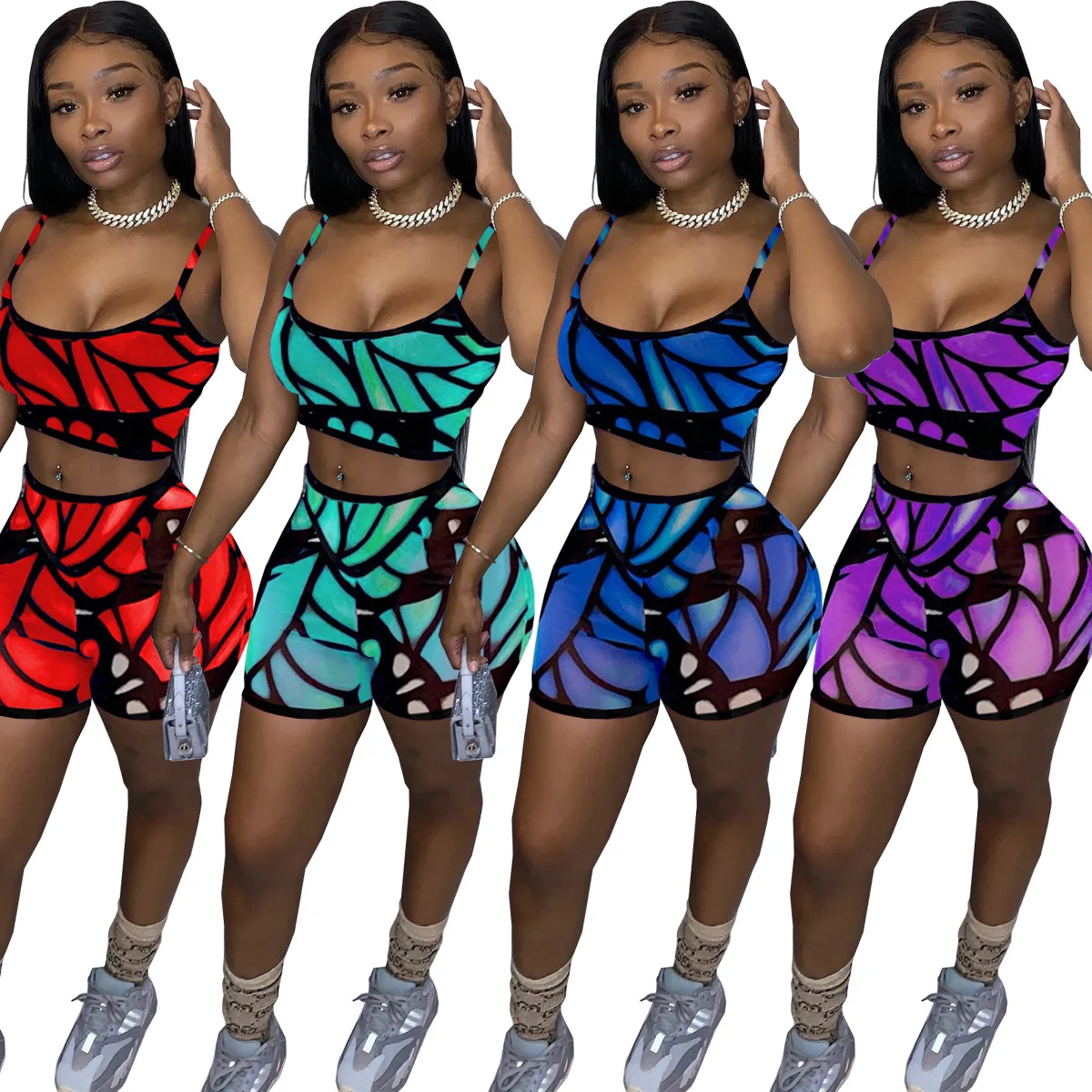 

New Women's European and American Fashion Casual Printed Camisole Top Shorts Two-piece Suit, Picture