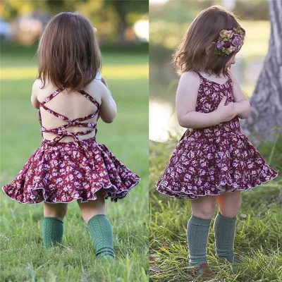 

summer vestidos de menina bayi gadis bunga gaun baby Girl frocks design Backless ruffle floral Dress sling ruffle bohemian bea