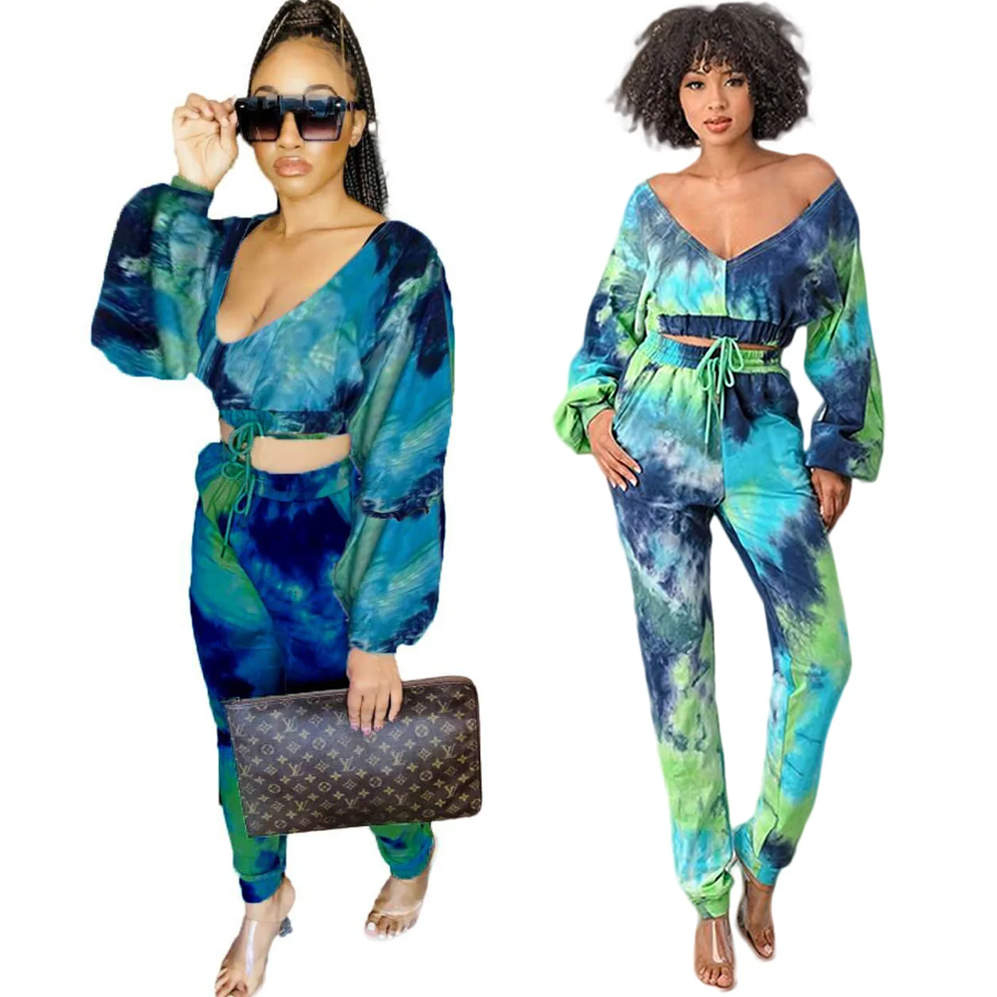 

WW-1350 Sexy Ladies Before And After Deep V-neck Tie-dye Long-sleeved Two-piece Outfit Chic Casual Women Clothing Sexy Winter, Customized color