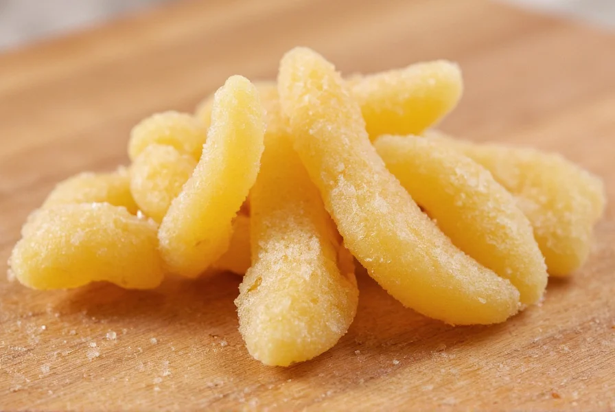 Close-up of crystallized ginger pieces showing translucent ginger surrounded by sugar crystals on wooden cutting board